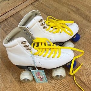 Galaxy By Harvic White Roller Skates with Yellow Laces and Blue Toe Stops